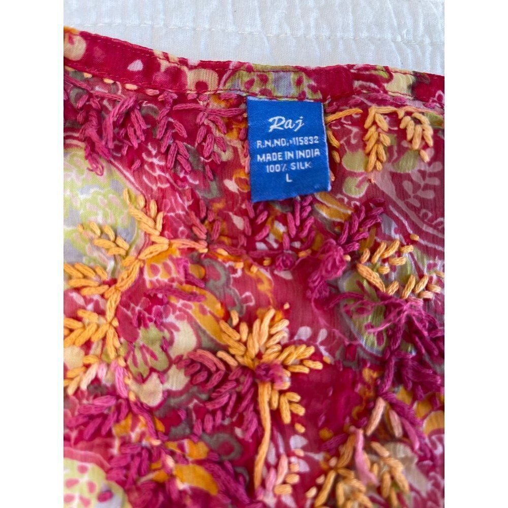 Raj Womens 100% Silk Long Sleeve Floral Tunic Cover-Up SZ L Boho Peasant - Picture 9 of 13